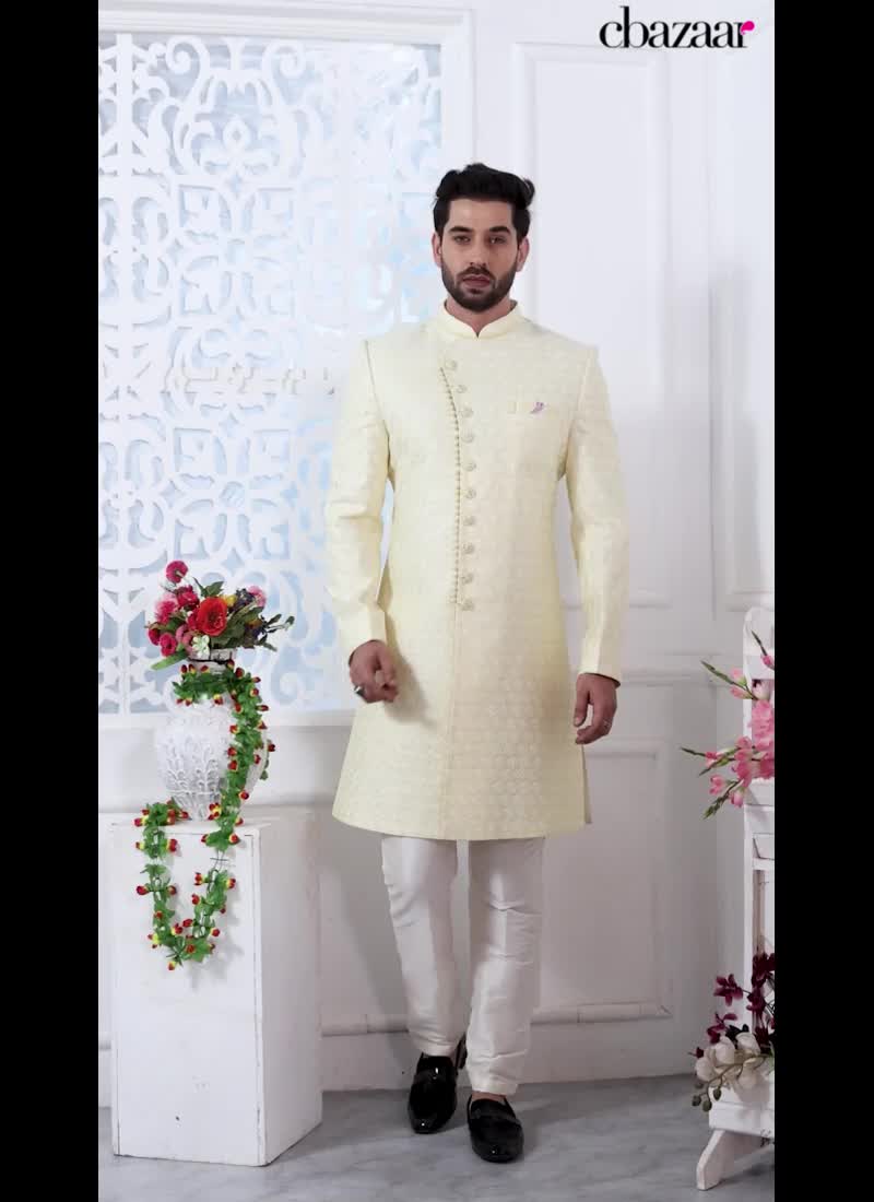 Trendy Yellow Embroidered Silk Indowestern Sherwani Party Wear