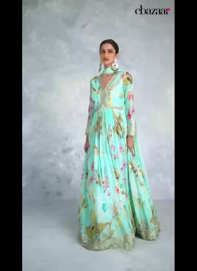 Turquoise Chinon Hand Embroidered Digital Print Elegant Anarkali Suit Wedding Wear