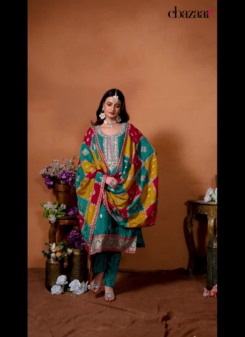 Turquoise Chinon Sequins Embroidered Straight Pant Suit Party Wear