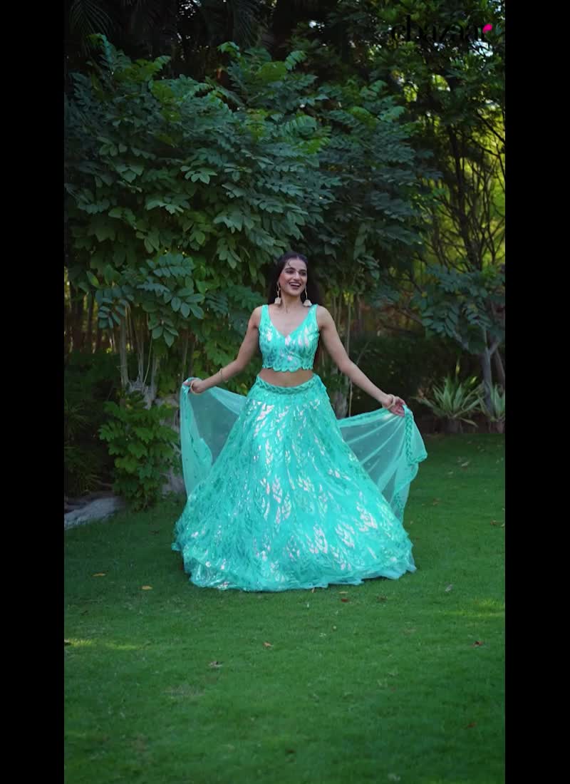 Turquoise Net Sequins Lehenga Choli And Dupatta For Wedding Reception Party Wear