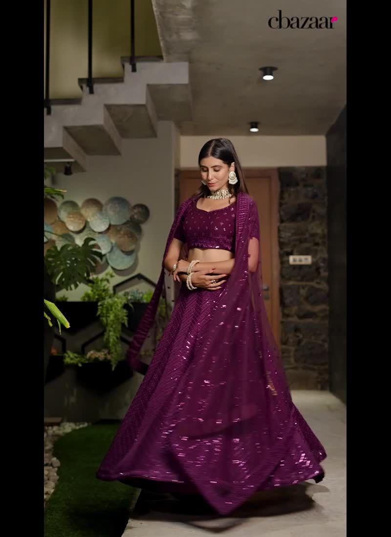 Umbrella Lehenga In Dark Wine Georgette Thread Embroidered Sequins For Elegant Wedding Wear