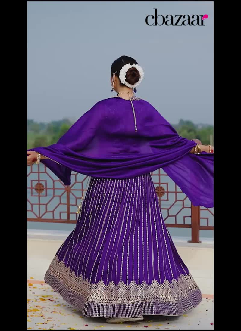 Violet Viscose Silk Zari Embroidered Sequins Elegant Lehenga Wedding Wear