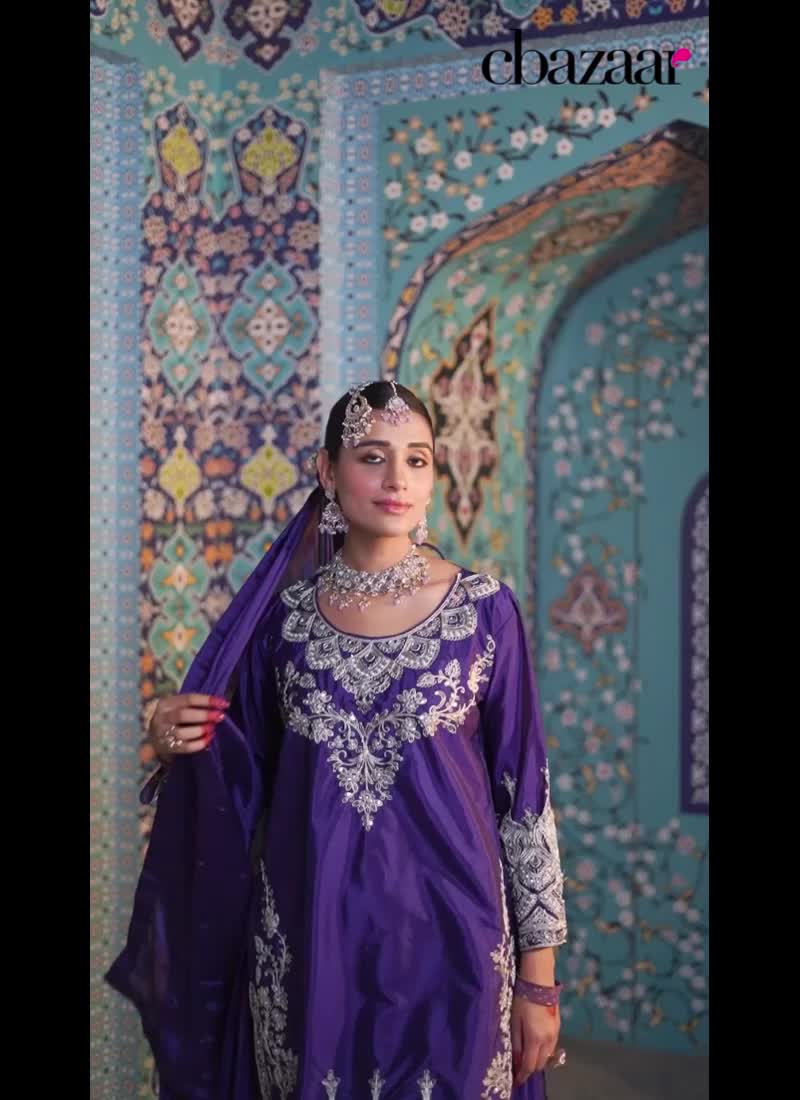 Violet Viscose Silk Zari Work With Mirror Sequins Elegant Palazzo Suit Festive Wear