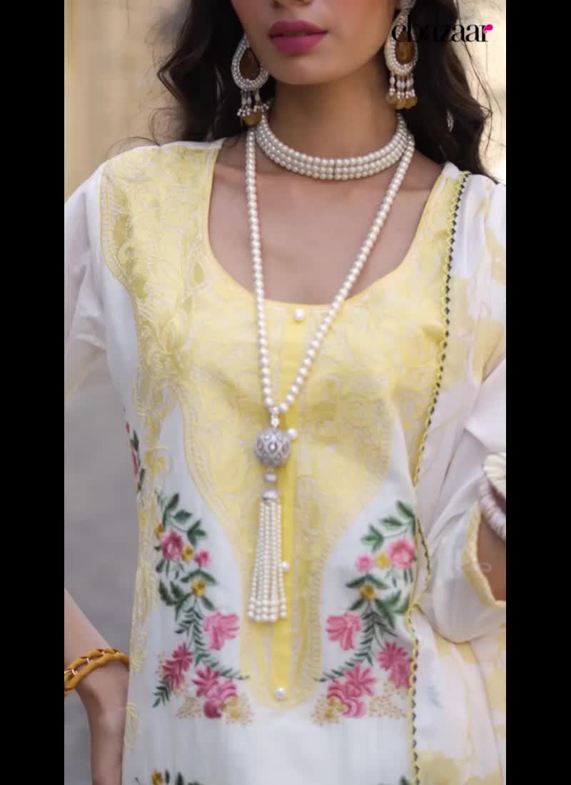 White Cotton Digital Print Embroidered Gorgeous Straight Pant Suit Festive Wear
