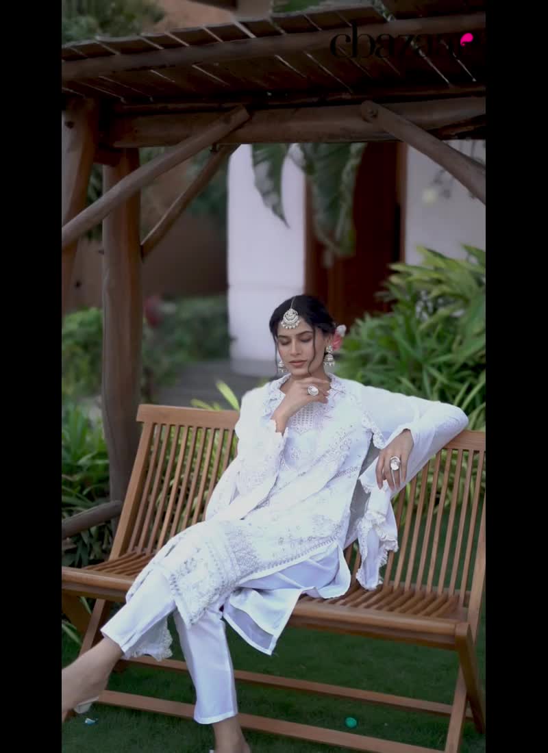 White Faux Georgette Zarkan Embroidered Stone Work Straight Pant Suit Festive Wear