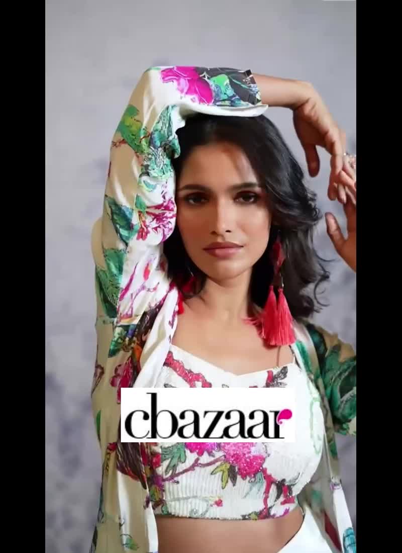 White Indowestern Floral Digital Print With Long Jacket And Cut Dana Work Crop Top After Six Wear
