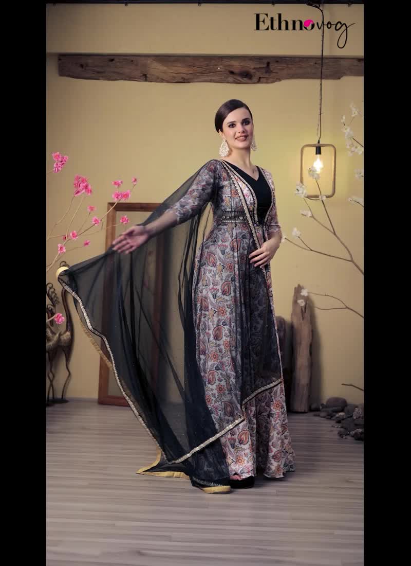 White N Green Satin Digital Printed Anarkali Suit Festive Wear