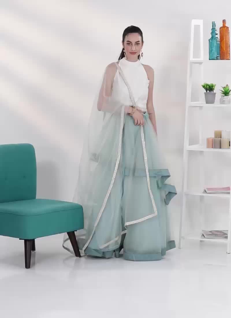 White N Wasabi Green Halter Neck Lehenga Party Wear