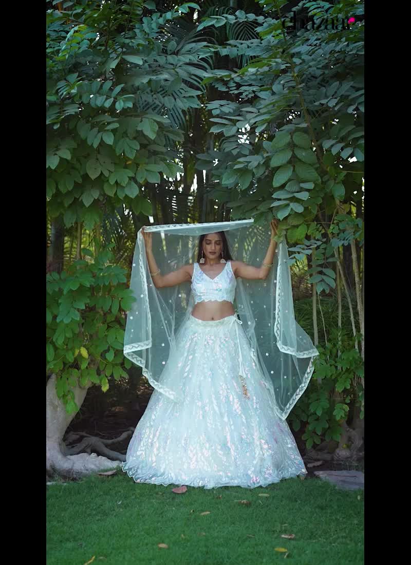White Net Sequins Elegant Lehenga Choli And Dupatta For Wedding Functions Party Wear