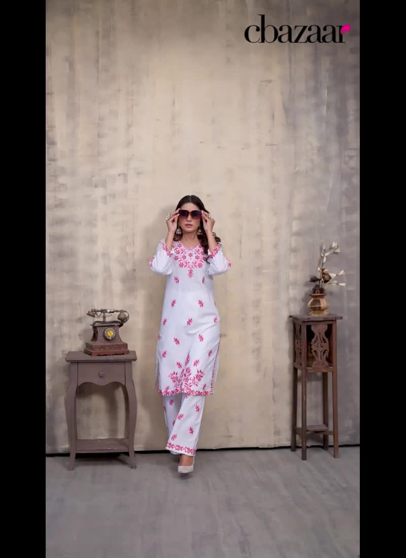 White Rayon Chikankari Embroidered Kurta Palazzo Set After Six Wear