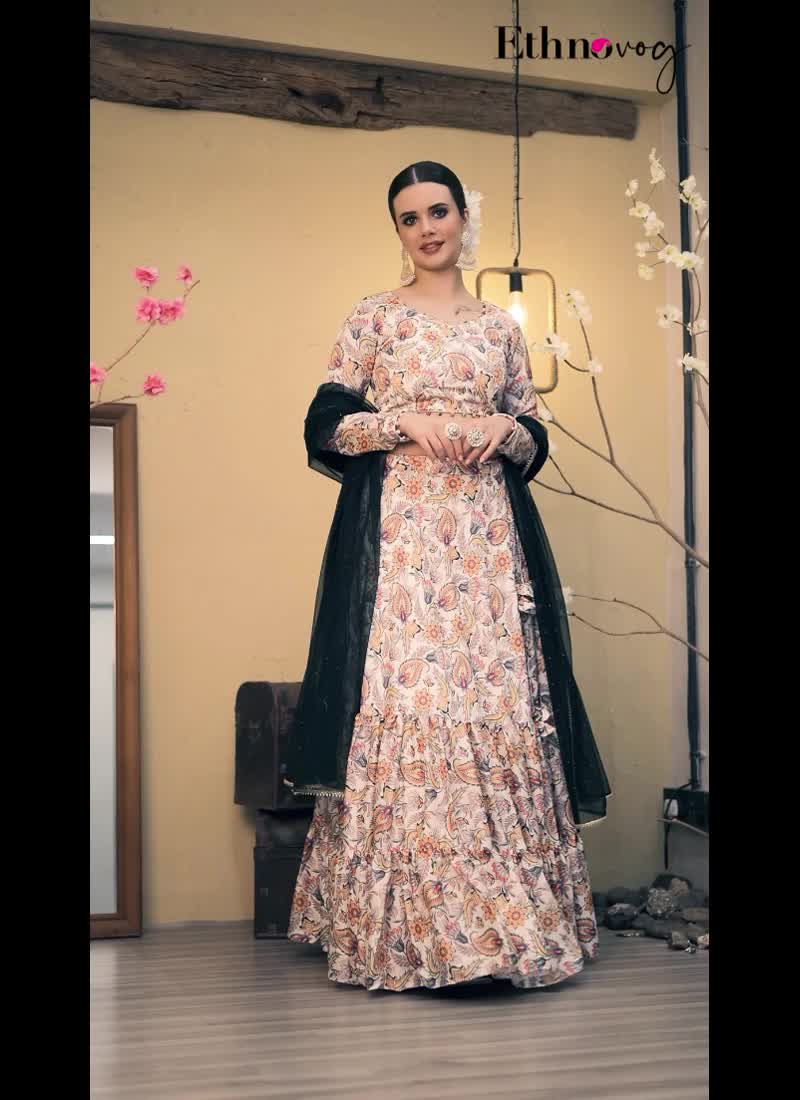 White Satin Digital Print Lehenga Set Festive Wear