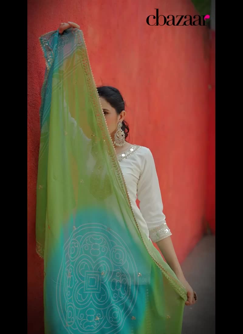 White Silk Zari Embroidered Sequins Bandhini Print Palazzo Suit Festive Wear