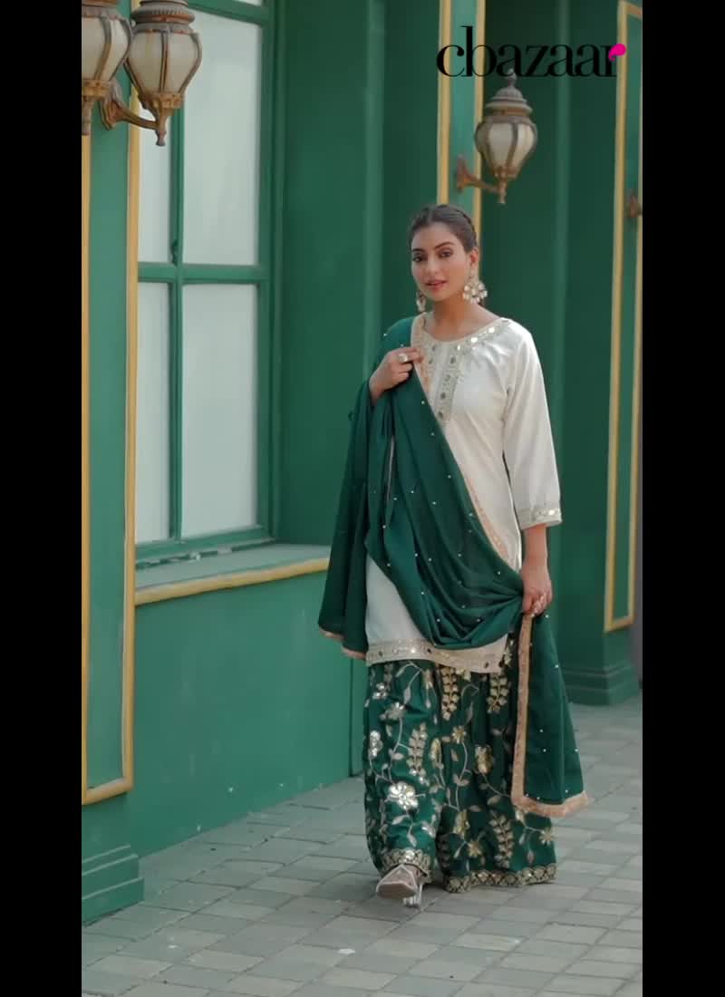White Silk Zari Embroidered Sequins Sharara Suit Festive Wear