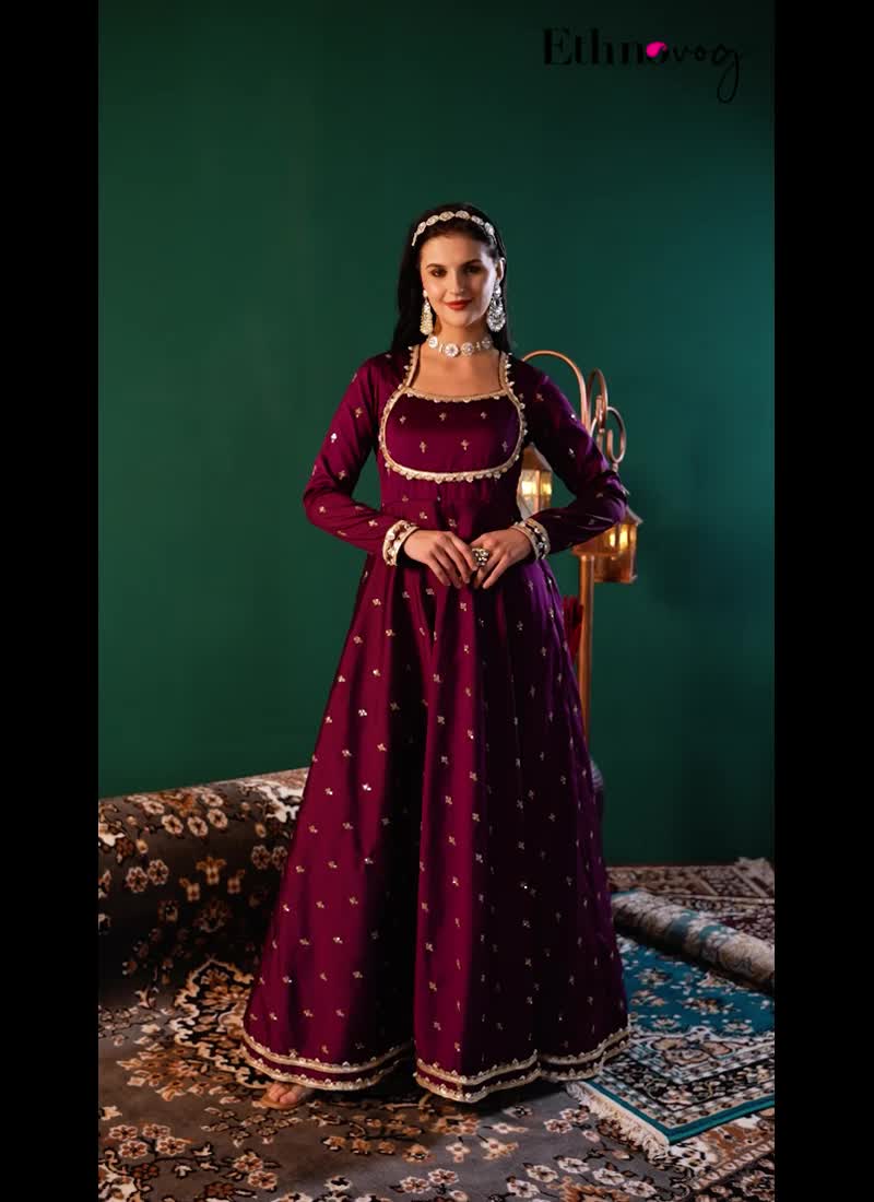 Wine Art Silk Embroidered Anarkali Suit Festive Wear