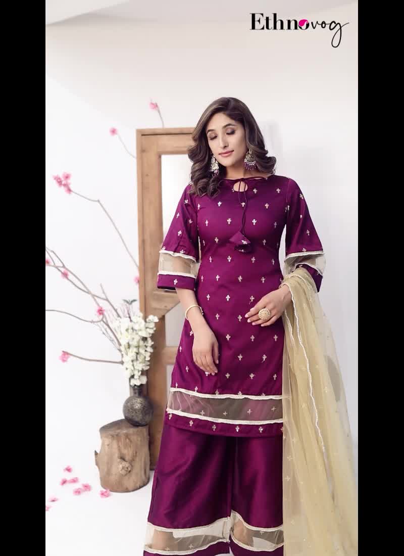 Wine Art Silk Embroidered Palazzo Suit Festive Wear