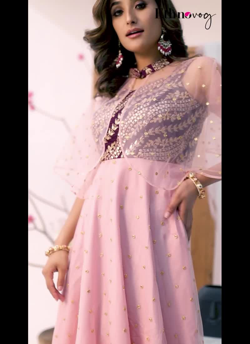 Wine Chinon N Pink Net Embroidered Gown With Cape Party Wear