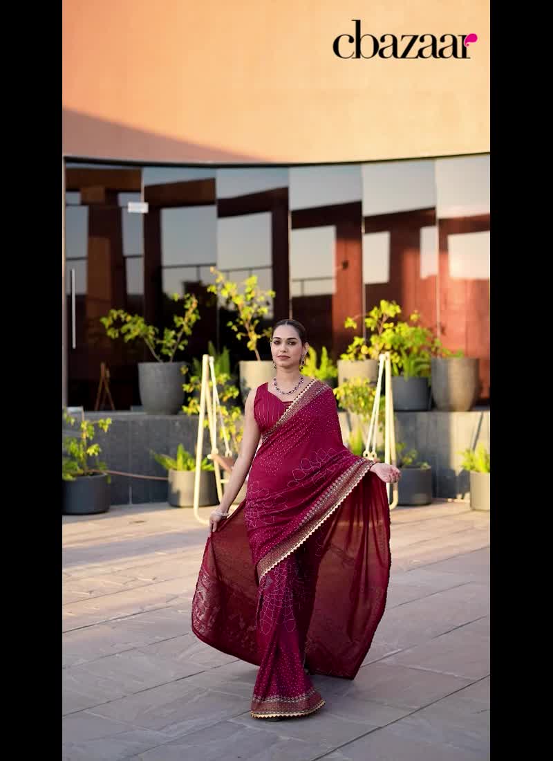 Wine Cotton Zari Woven Foil Print Saree Festive Wear