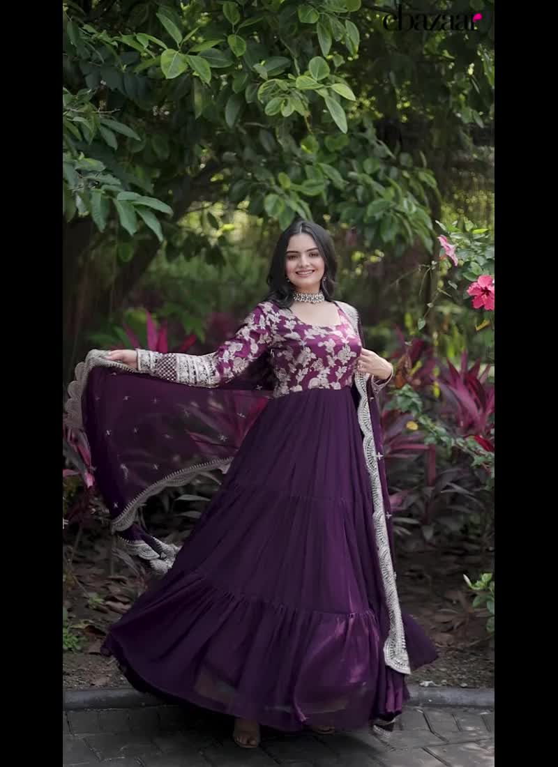 Wine Faux Georgette Embroidered Dresses and Gown Party Wear