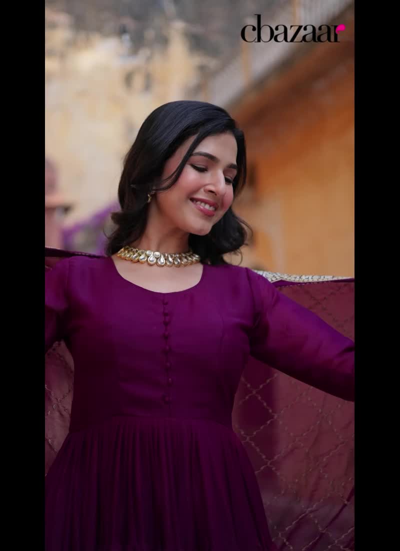 Wine Faux Georgette Embroidered Sequins Anarkali Suit Festive Wear
