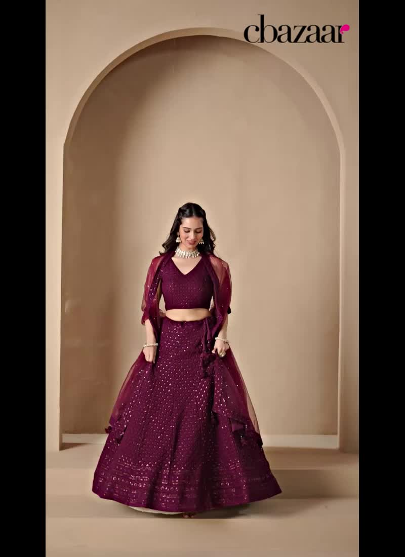 Wine Faux Georgette Embroidered Sequins Lehenga Wedding Wear