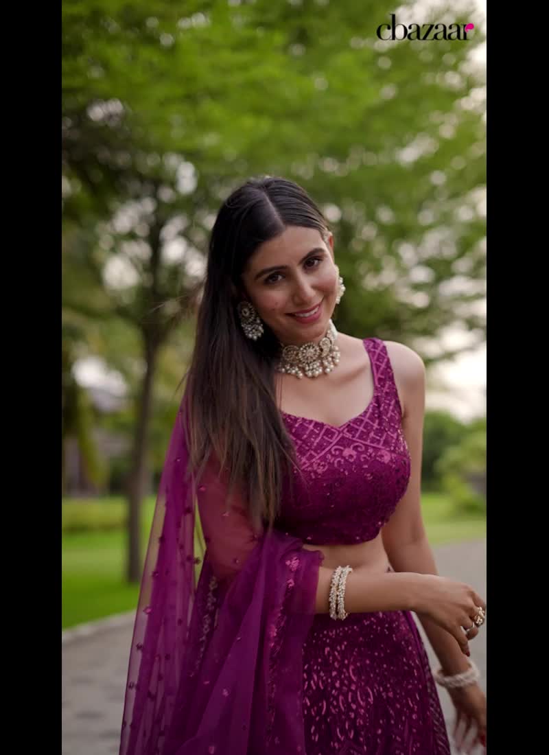 Wine Net Thread Embroidered Sequins Umbrella Lehenga For Bridemaid Wedding Wear