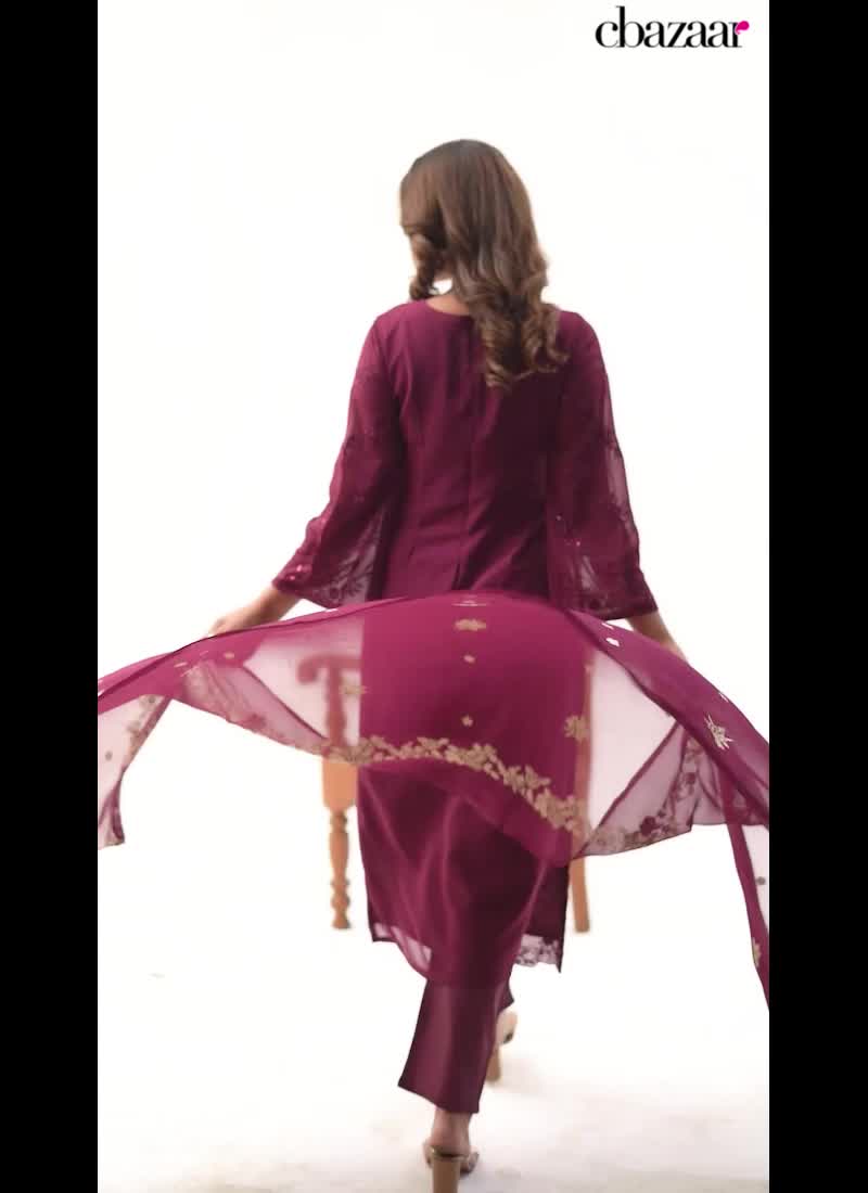 Wine Sequins Embroidered Pakistani Suit Party Wear