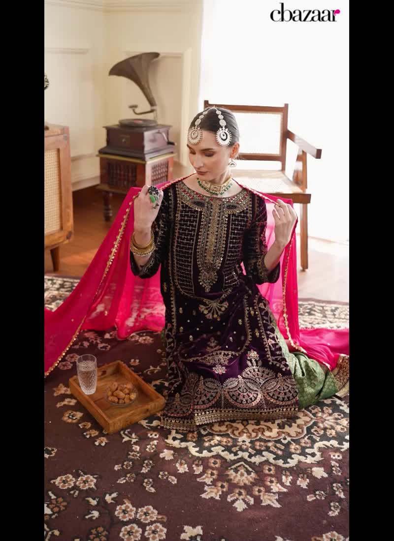 Wine Velvet Emboirdered Zari Pakistani Suit Party Wear