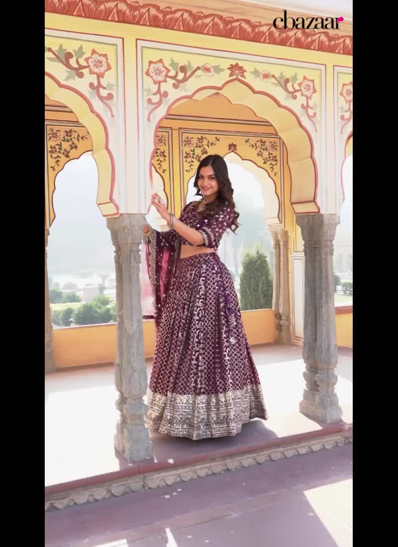 Wine Viscose Jacquard Sequins Umbrella Lehenga Party Wear