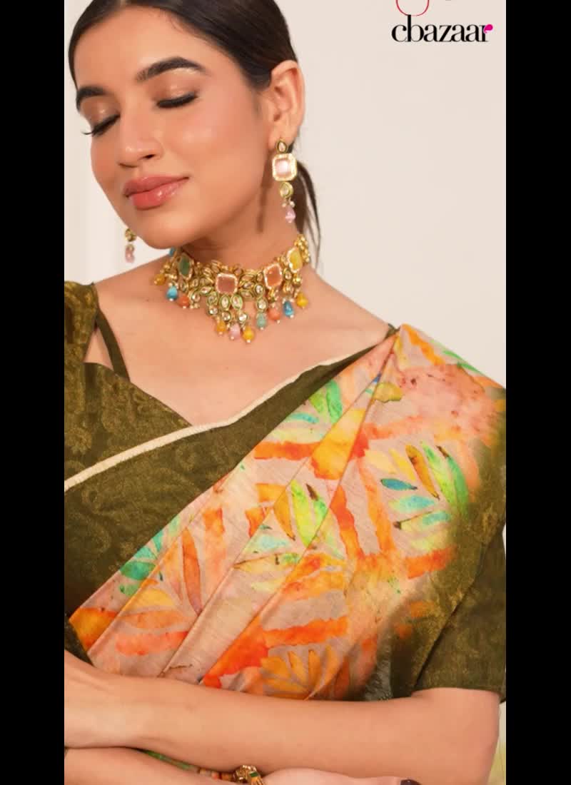 Women Jacquard Zari Woven Orange Digital Print Silk Saree With Blouse Festive Wear