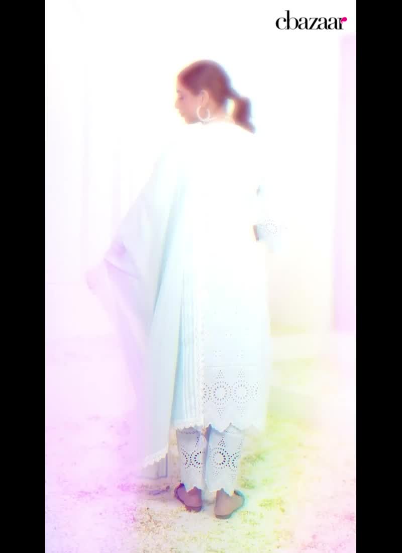 Womens Sky Blue Cotton Embroidered Cut Work Straight Pant Set With Dupatta Party Wear