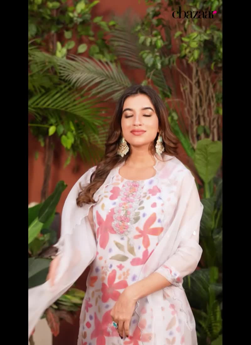 Womens Straight Pant Suit In Grey Organza Floral Digital Print Embroidered After Six Wear
