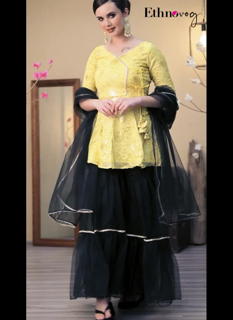 Yellow Chinon Embroidered N Green Net Gharara Set Festive Wear