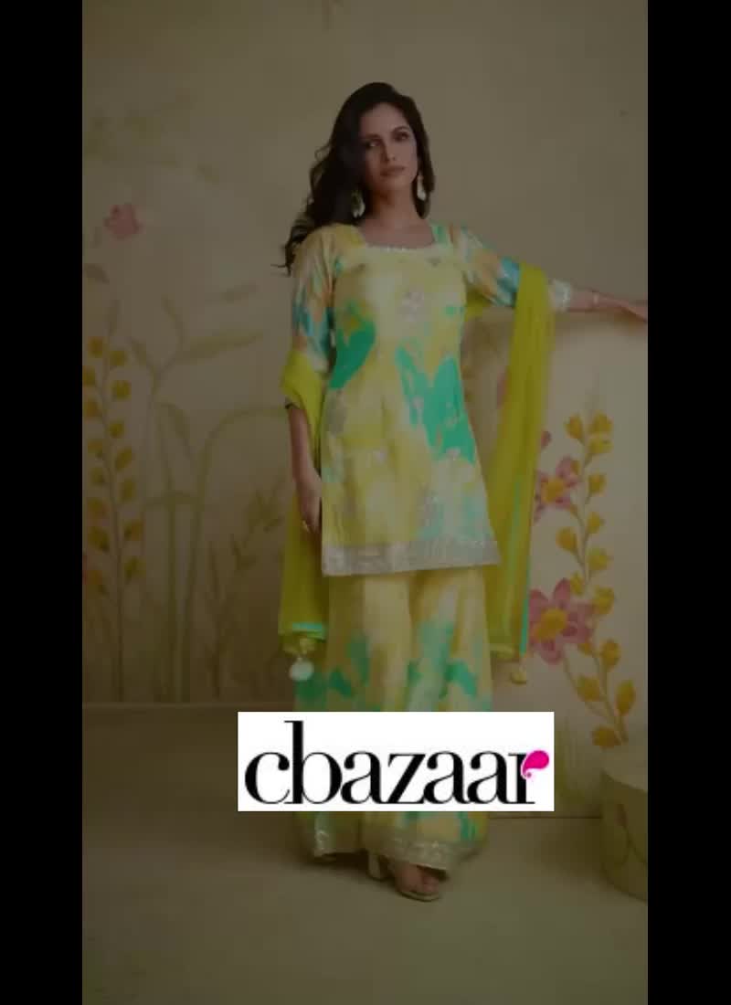 Yellow Chinon Floral Digital Print Sequins Palazzo Suit For Stylish Women Party Wear