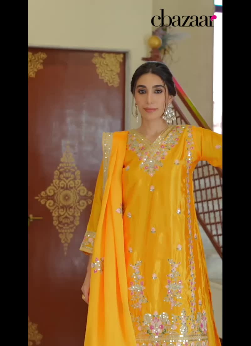 Yellow Chinon Silk Embroidered Sequins Palazzo Suit Festive Wear