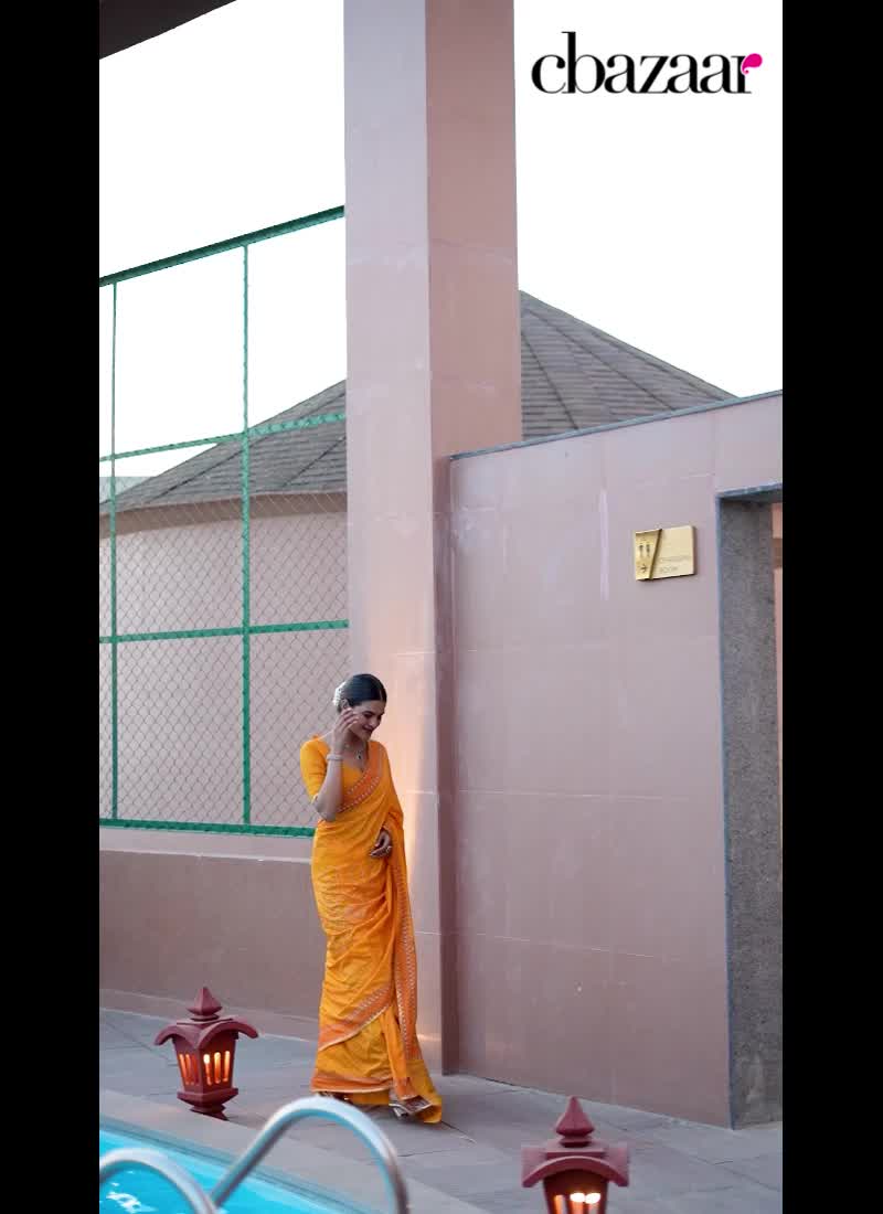 Yellow Cotton Zari Woven Foil Print Saree Festive Wear