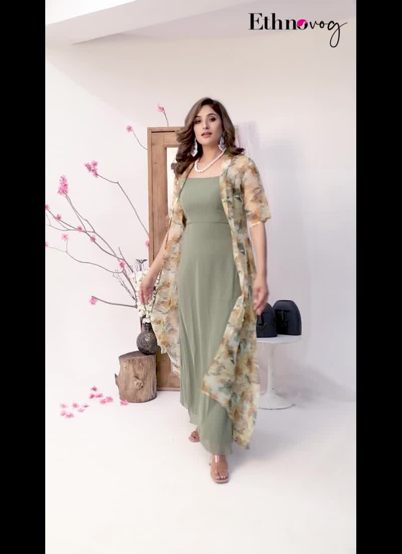 Yellow Digital Print Organza Jacket N Green Dress Festive Wear