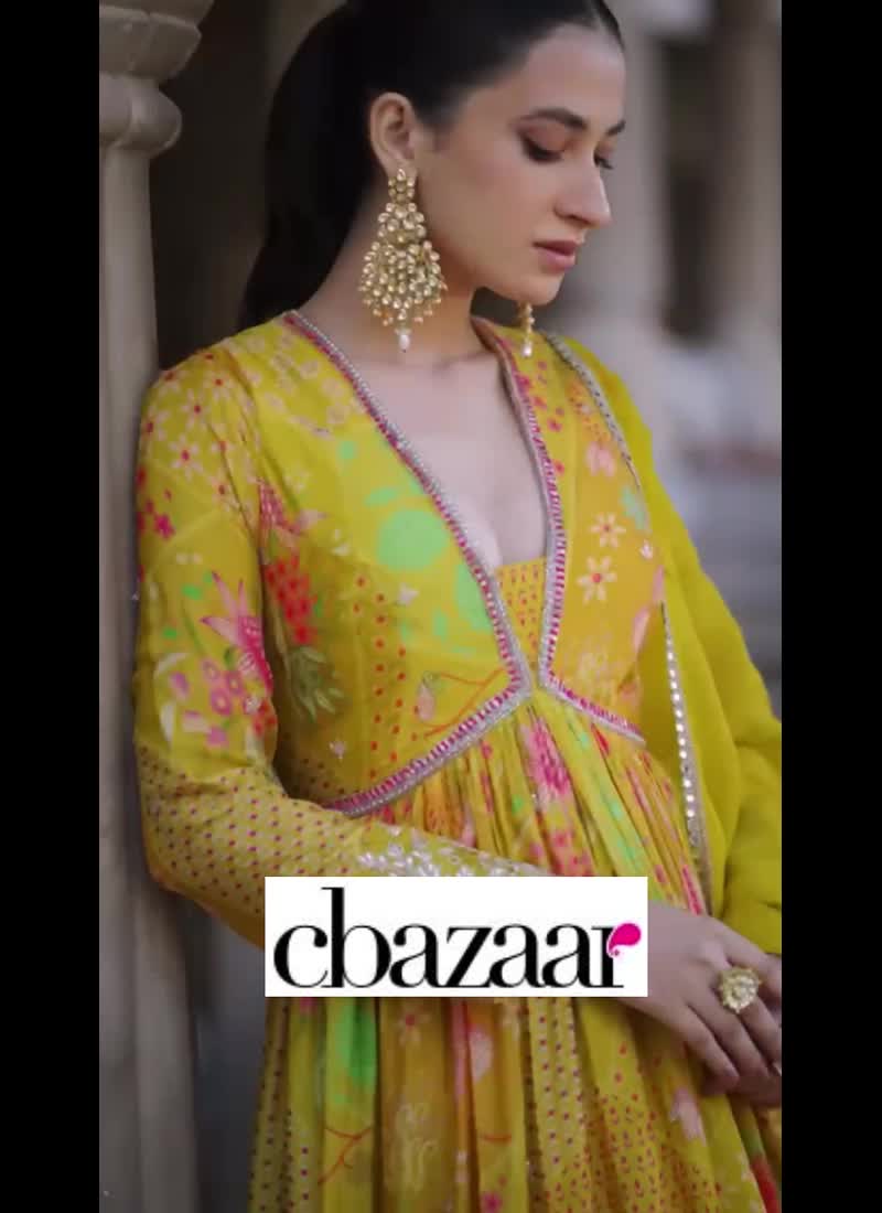 Yellow Faux Georgette Embroidered Digital Print Anarkali Gown Party Wear