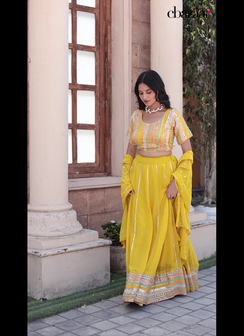 Yellow Faux Georgette Embroidered Sequins Classy Lehenga Wedding Wear