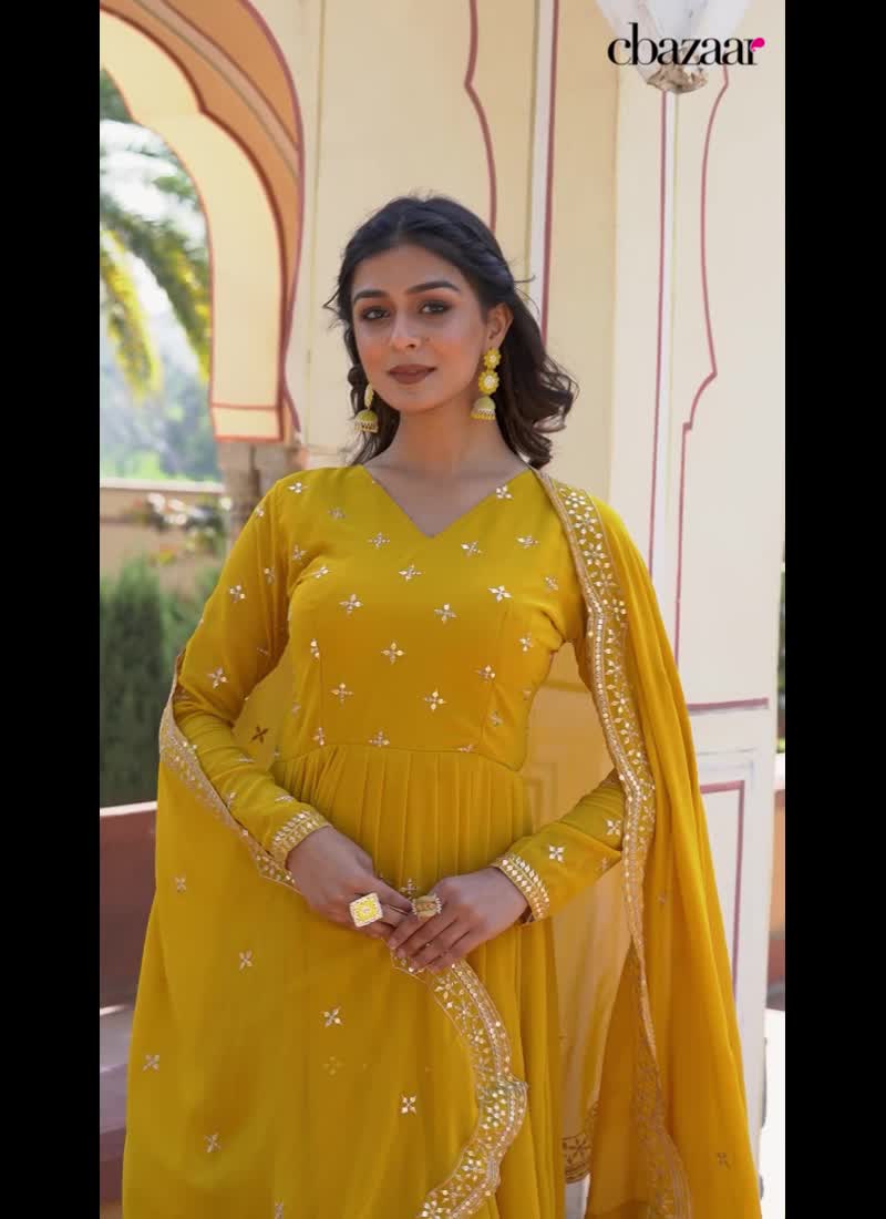 Yellow Faux Georgette Sequins Anarkali Gown Party Wear