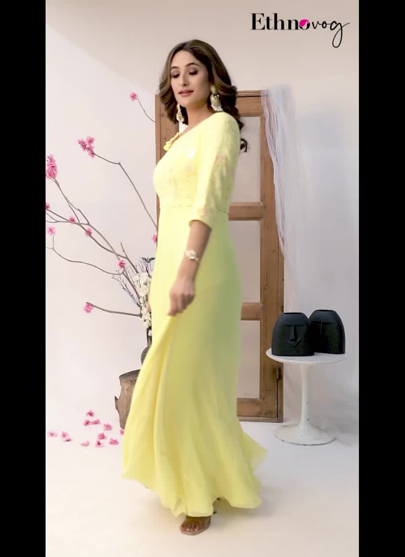 Yellow Georgette One Shoulder Style Gown Party Wear
