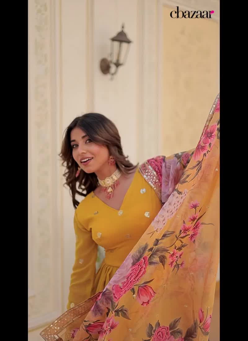 Yellow Georgette Zari Embroidered Sequins Anarkali Gown And Sequins Dupatta Party Wear