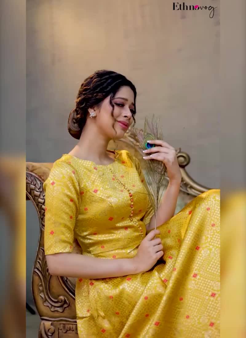 Yellow Jacquard Art Silk Floor length Gown Festive Wear