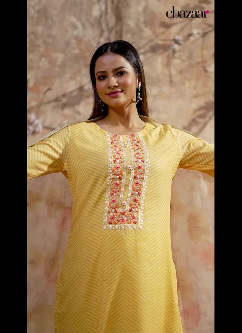 Yellow Linen Indian Straight Pant Suit Embossed With Embroidery And Sequins Festive Wear