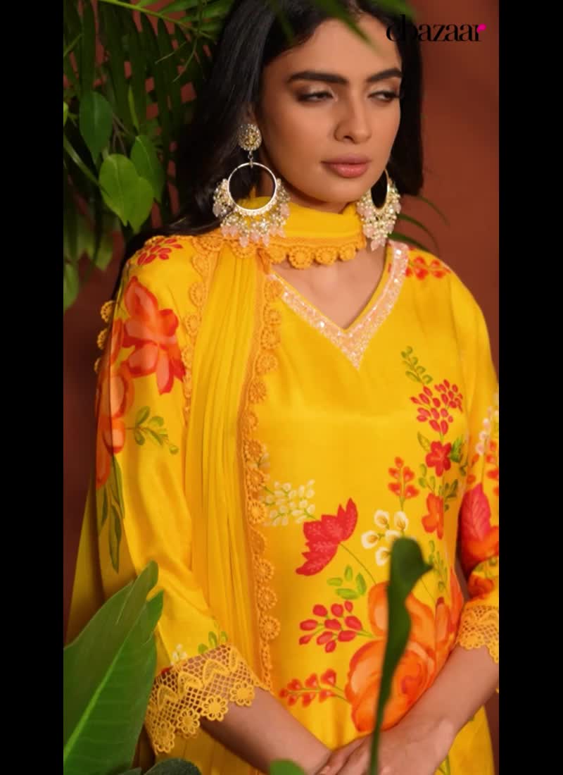 Yellow Muslin Floral Digital Print Lace Work With Straight Pant Suit Party Wear