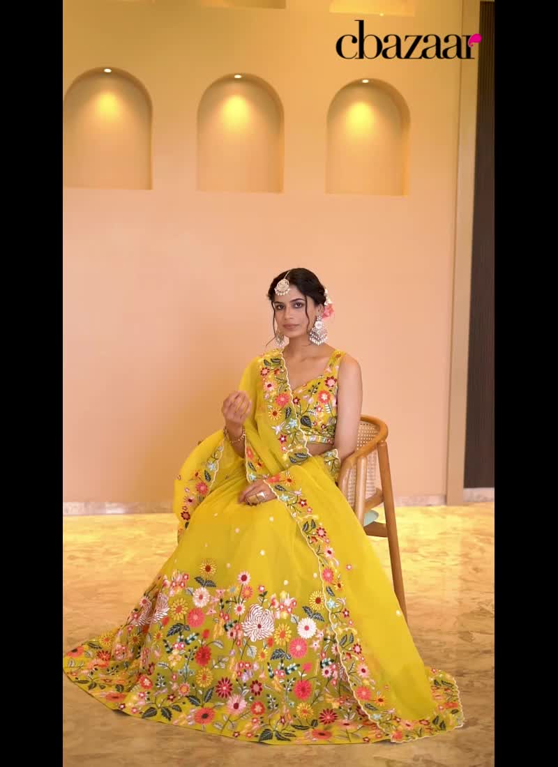 Yellow Organza Embroidered Sequins Glistening Lehenga Wedding Wear